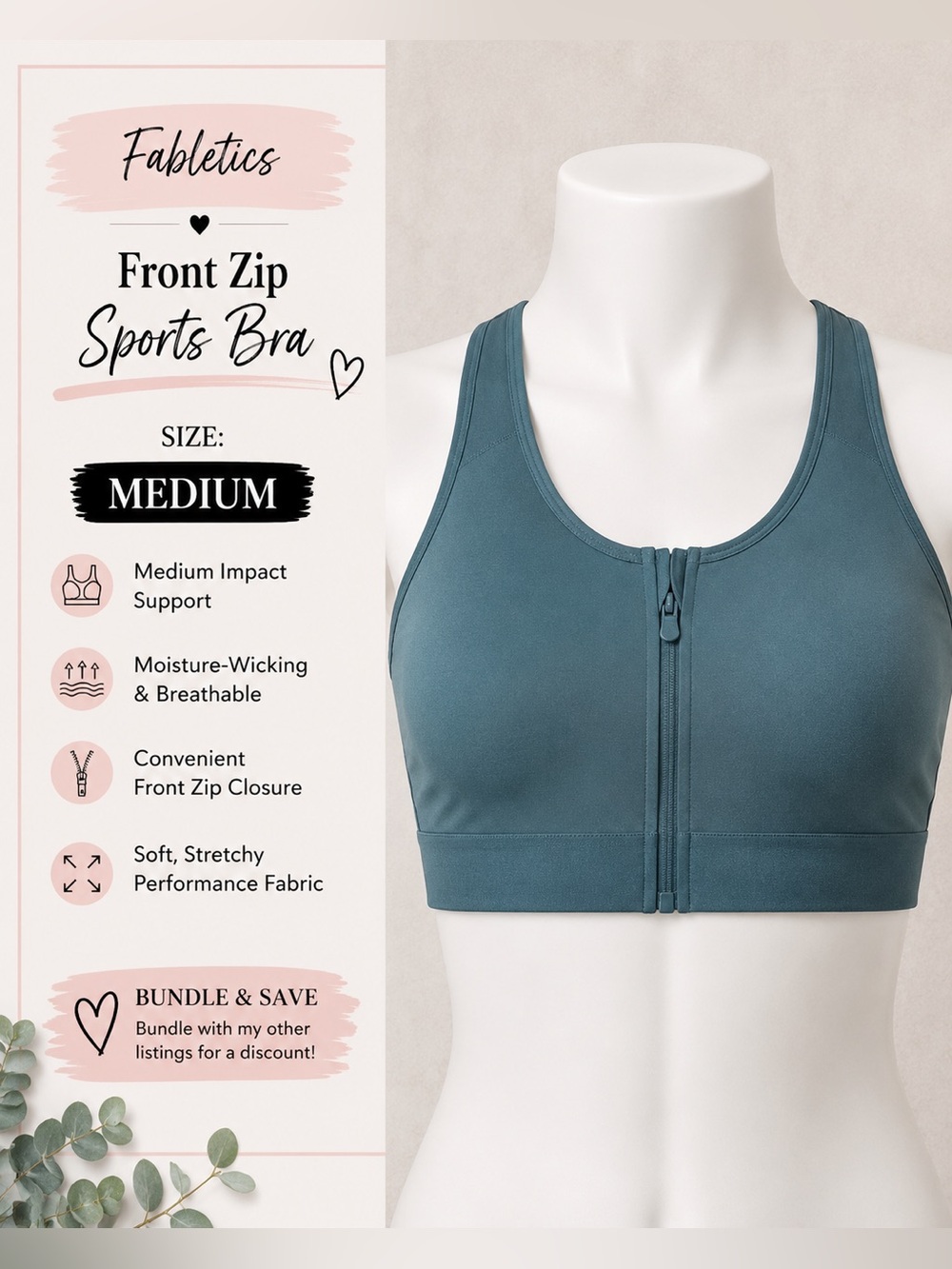 Fabletics medium Front-Zip Sports Bra - grayish Teal Blue